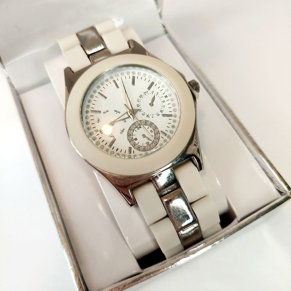 Accutime Ivory Silicone Faux Chronograph Watch w/ Crystal Accents - 8" B… - Picture 3 of 8